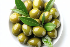 Green Olives in Bowl with Leaves Fre, a Food & Drink Photo by Pixeness Studio