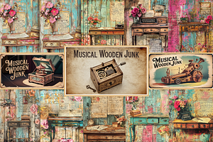 Vintage Musical Wooden Junk Page, a Background Graphic by Printable Treasure