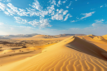 Golden sand dunes stretch across the, a Photo by Tanuart