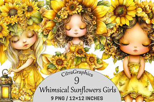 Whimsical Sunflowers Girls Clipart, a Seasonal Illustration by CitraGraphics