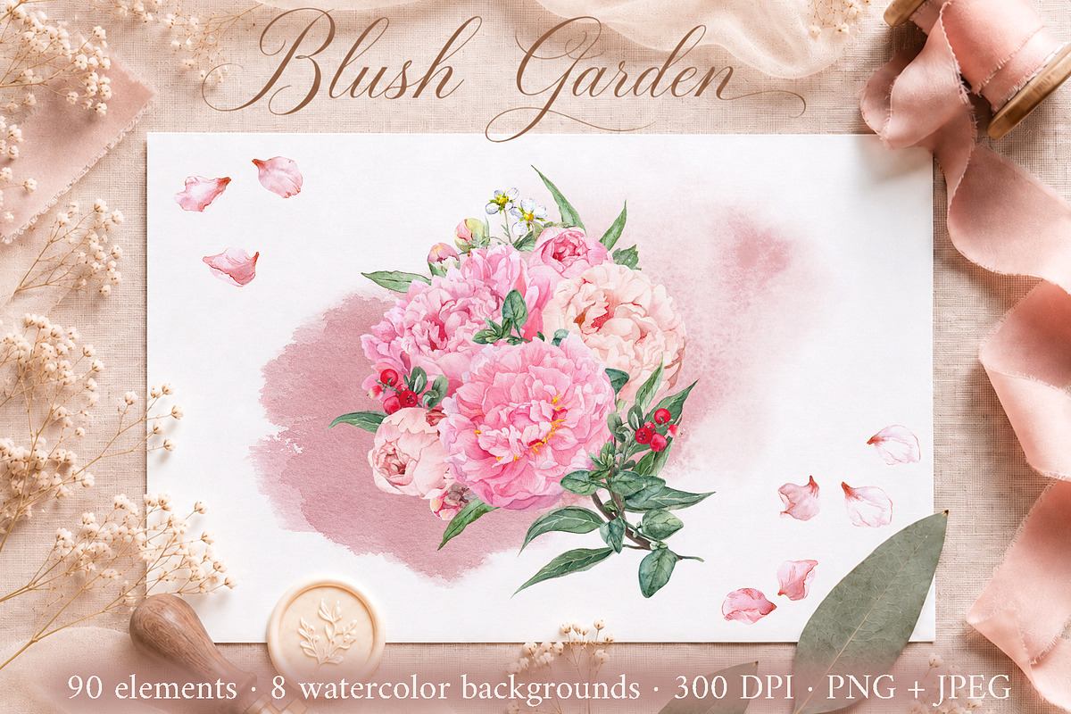 Blush Garden Peony Watercolor Set, a Seasonal Illustration by Where summer is (Photo 1 of 12)
