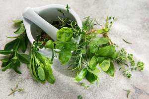Fresh culinary herbs processing with mortar and pestle, a Food & Drink Photo by Olena Rudo