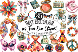 Watercolor 60s Teen Era Clipart, a Seasonal Illustration by Designking