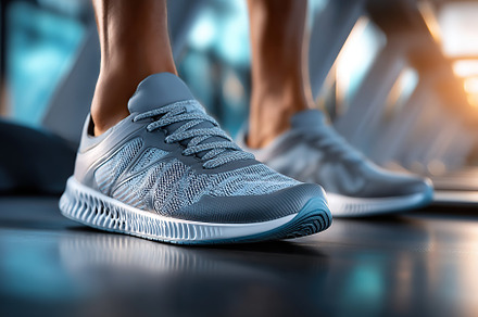Male legs in running shoes engaged in a fitness routine at the gym during an af, a Sports & Recreation Photo by AlyaAnd