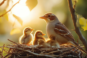 Bird family in nest. Mother bird wit, an Animal Photo by Pixeness Studio