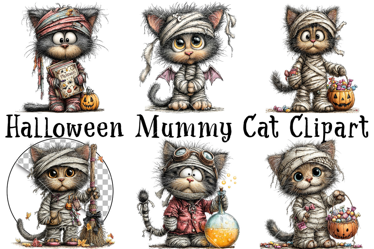 Halloween Mummy Cat Clipart, a Seasonal Illustration by OK Design (Photo 2 of 6)