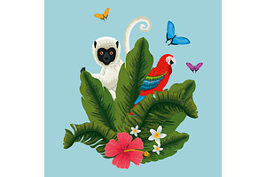 Lemur With Parrot And Butterflies