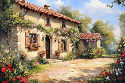 A charming countryside Country French house style surrounded by blooming flower, an Architecture Photo by Textures & Backgrounds