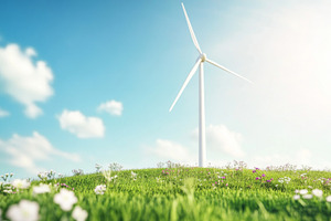 Wind turbine in vibrant wildflower meadow with clear blue sky, s, a Photo by Dvoevnore photos