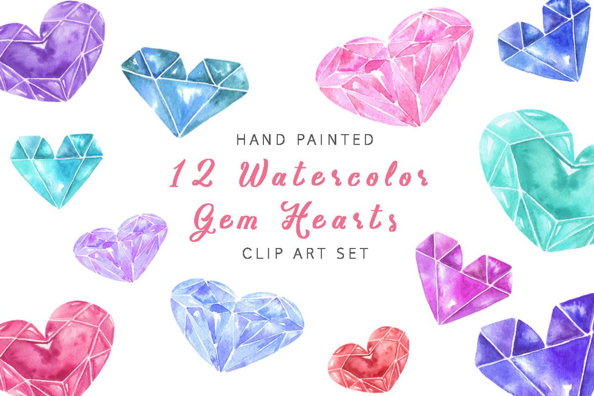 12 Watercolor Gem Hearts, a Graphic by KitsPix