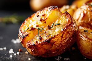Crispy roasted potato halves with rosemary, a Food & Drink Photo by AlyaAnd