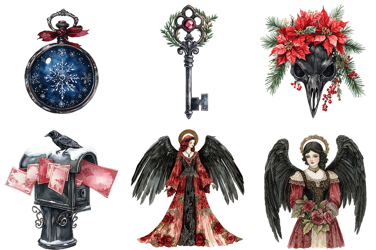 Watercolor Gothic Christmas Clipart, a Seasonal Illustration by CitraGraphics (Photo 4 of 7)