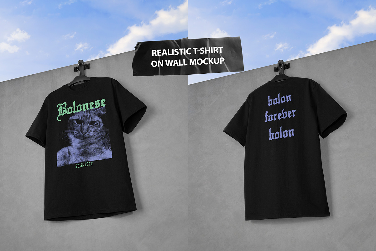 Realistic T-shirt on Wall Mockup, an Apparel Mockup by Uncentrifuged Pressure (Photo 1 of 9)