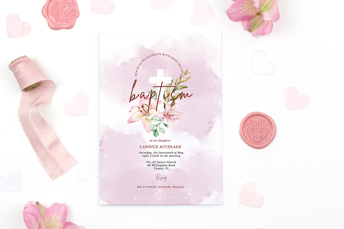 Baptism Watercolour Lily Invitation, an Invitation Template by Squirrel92 (Photo 1 of 2)