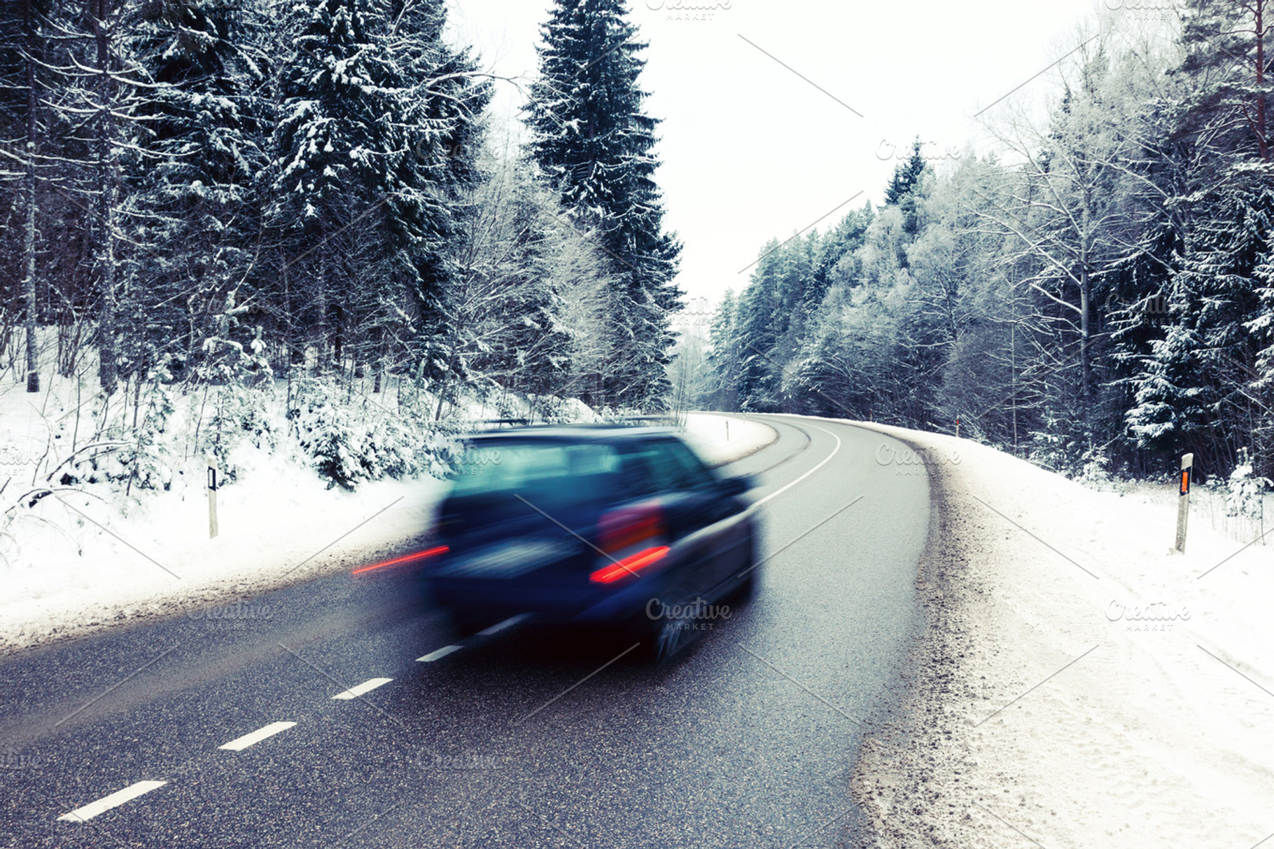 Car on the road in winter landscape, a Transportation Photo by BOOCYS