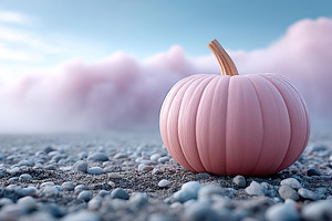 Pink pumpkin resting on pebbled beach with pastel clouds in the background duri, a Holiday Photo by AlyaAnd