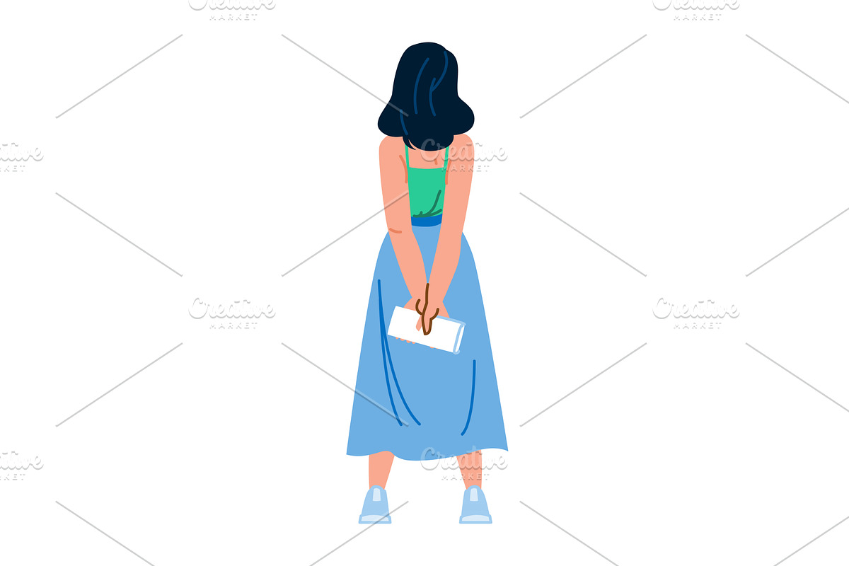 Shy woman holding document behind, a Person Illustration by pikepicture