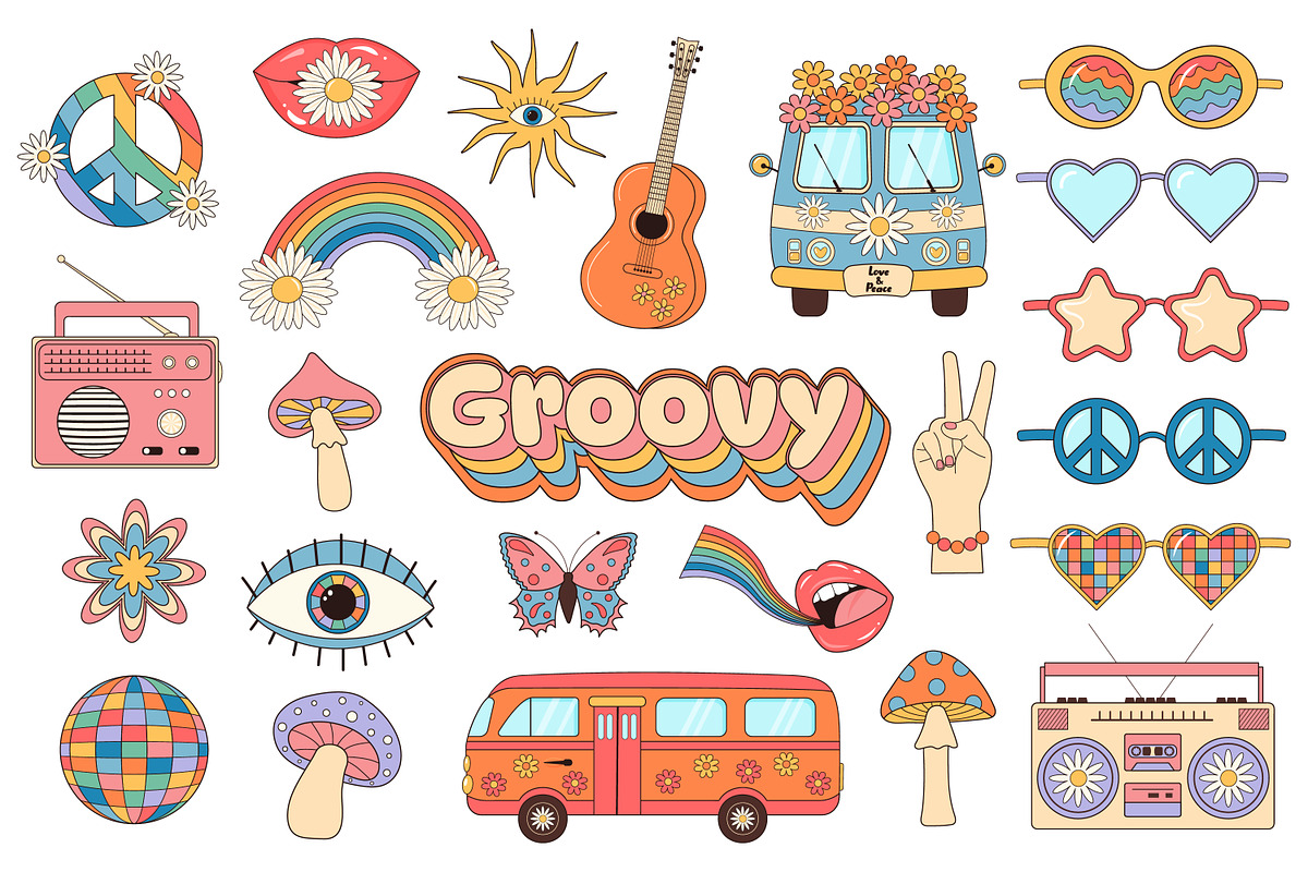 Retro groovy hippie set, a Decorative Illustration by JulyGart (Photo 2 of 6)