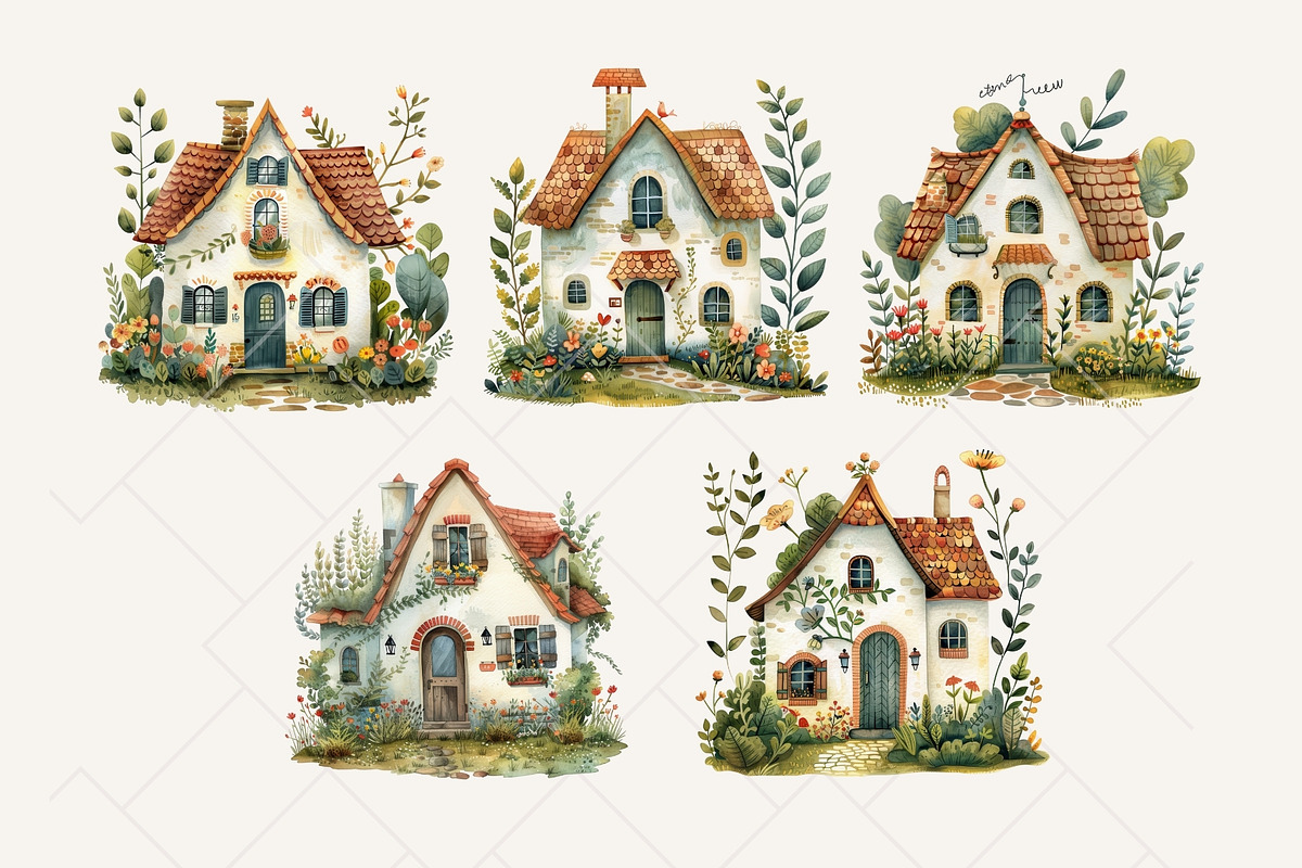 Folk Cottage Homes Clipart Set, an Object Illustration by The Twin Lakes Studio (Photo 5 of 10)