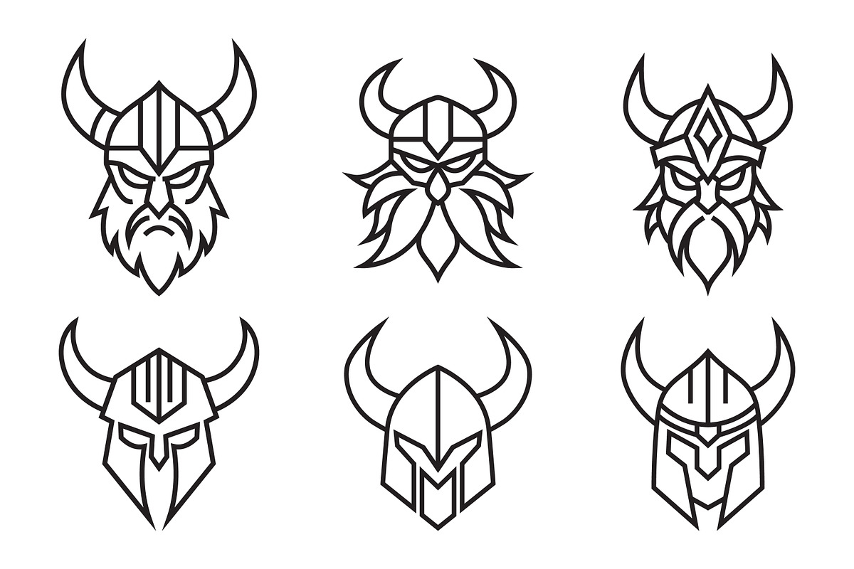 Viking Helmet and Head Line Art, a Branding & Logo Template by Saba Vector