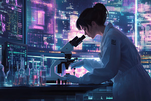 Scientist using microscope in futuri, a Health & Medical Photo by Pixeness Studio