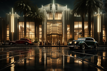 A luxurious art deco building illuminated at night, with palm trees in the fore, an Arts & Entertainment Photo by Textures & Backgrounds