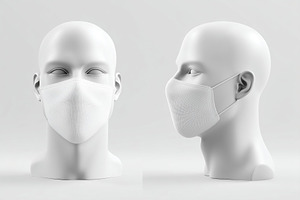A 3d rendering of a white face mask mockup on a mannequin head from two angles, a Mask Mockup by Textures & Backgrounds