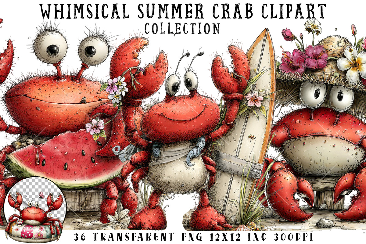 Whimsical Summer Crab Clipart, an Illustration by OK Design (Photo 1 of 6)