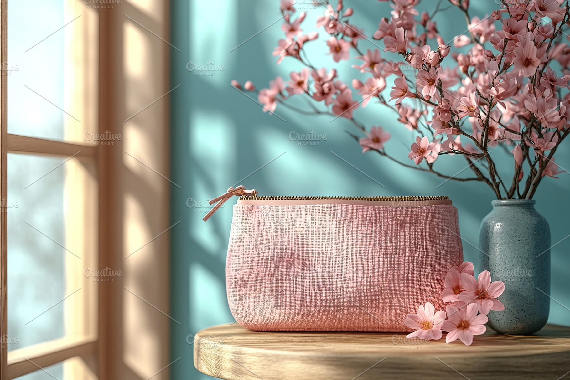 Modern cosmetic bag and spring flowers on small round table, a Beauty & Fashion Photo by AlyaAnd