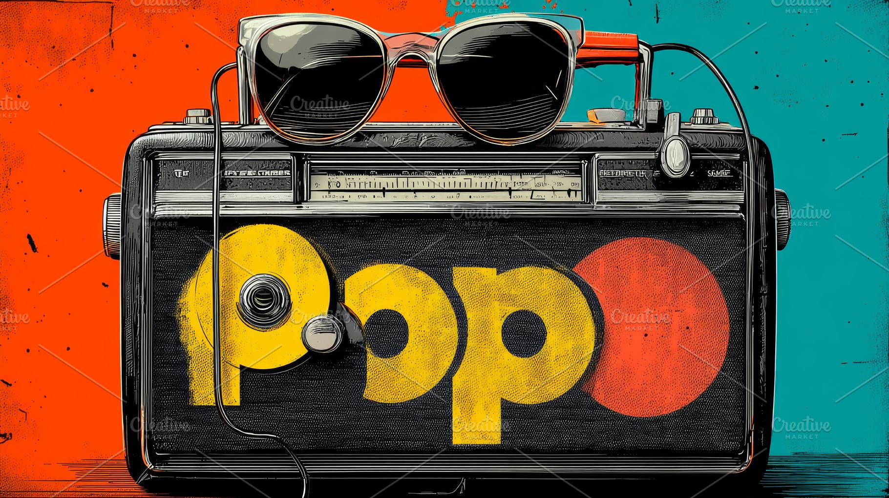 Vintage radio with pop art design and retro sunglasses in vibrant colors, a Photo by AS photostudio