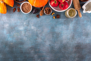 Fall baking, cooking seasonal dessert background with various in, a Food & Drink Photo by Rimma