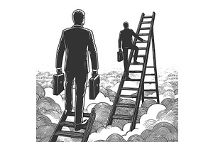Businessmen climbing ladders above, a Person Illustration by AlexArt
