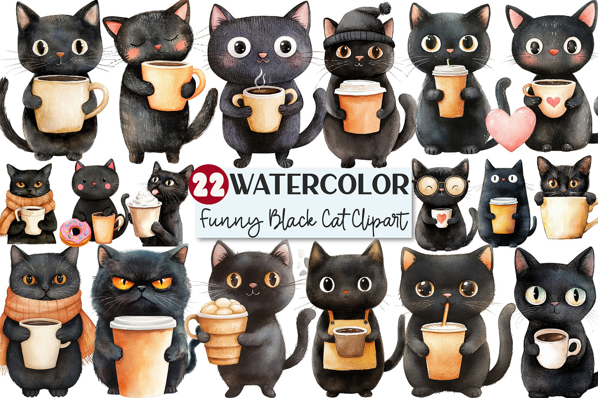 Funny Coffee Black Cat Clipart, an Illustration by Rose Art (Photo 1 of 4)