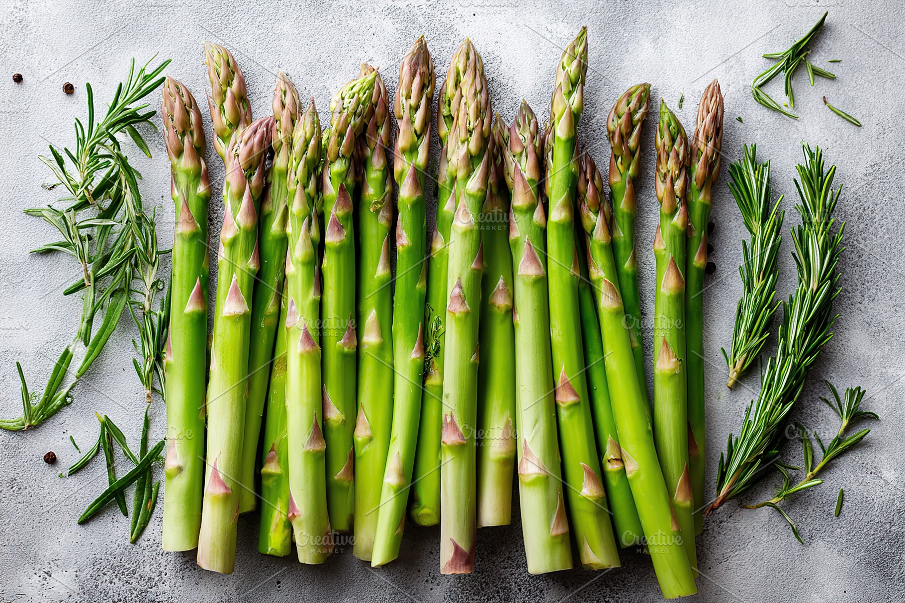 Fresh asparagus spears neatly arranged with fragrant herbs on a minimalist back, a Food & Drink Photo by AlyaAnd