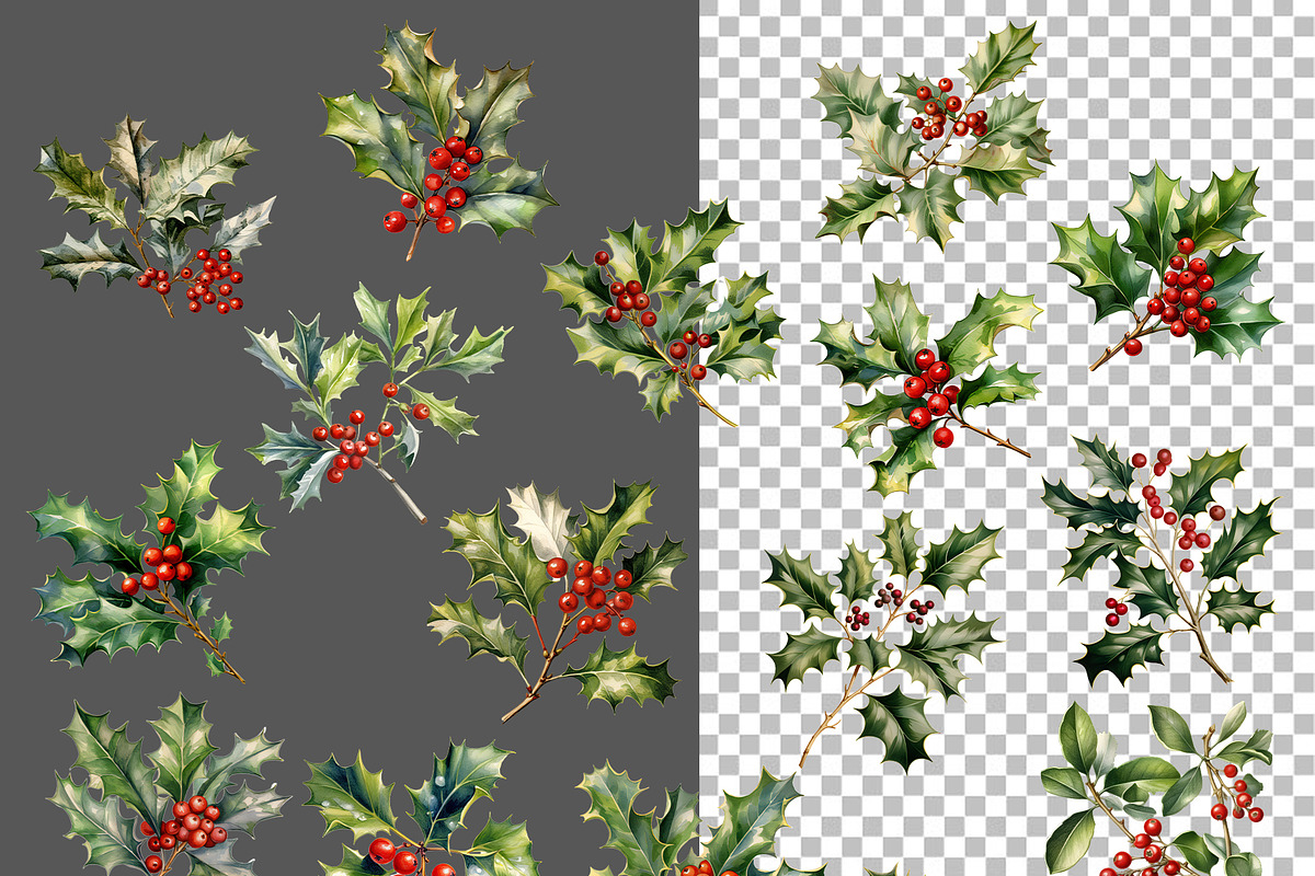 Christmas Holly Watercolor Clipart, a Decorative Illustration by Vasmila (Photo 5 of 6)