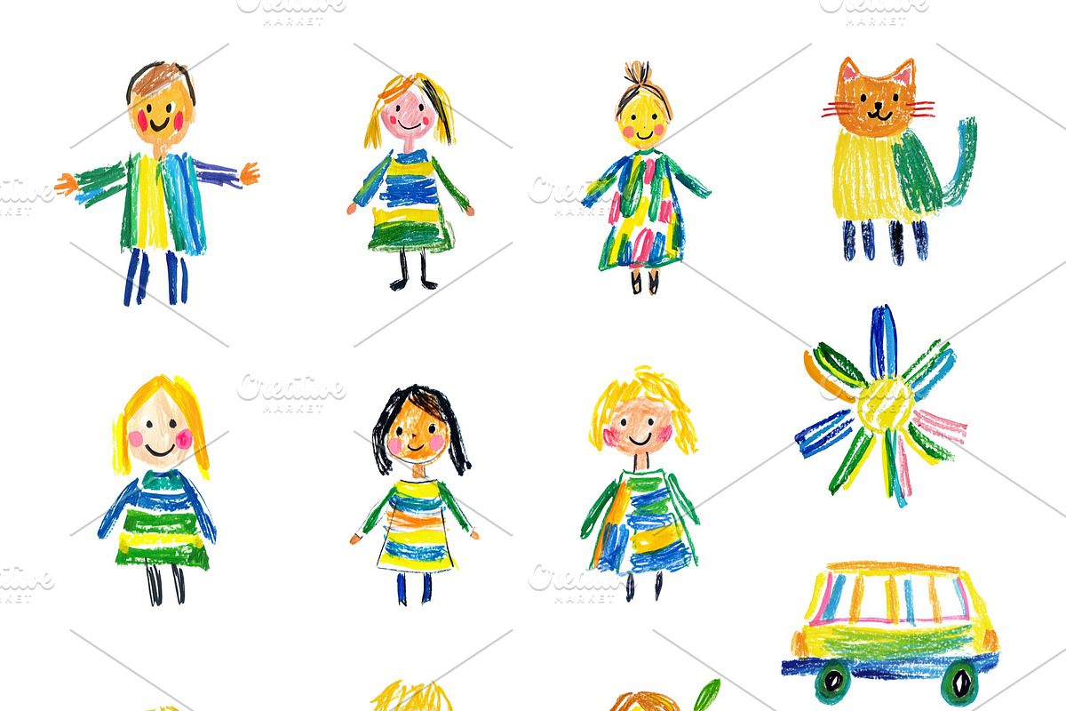A set of crayon children drawings, a Person Illustration by Sybillla
