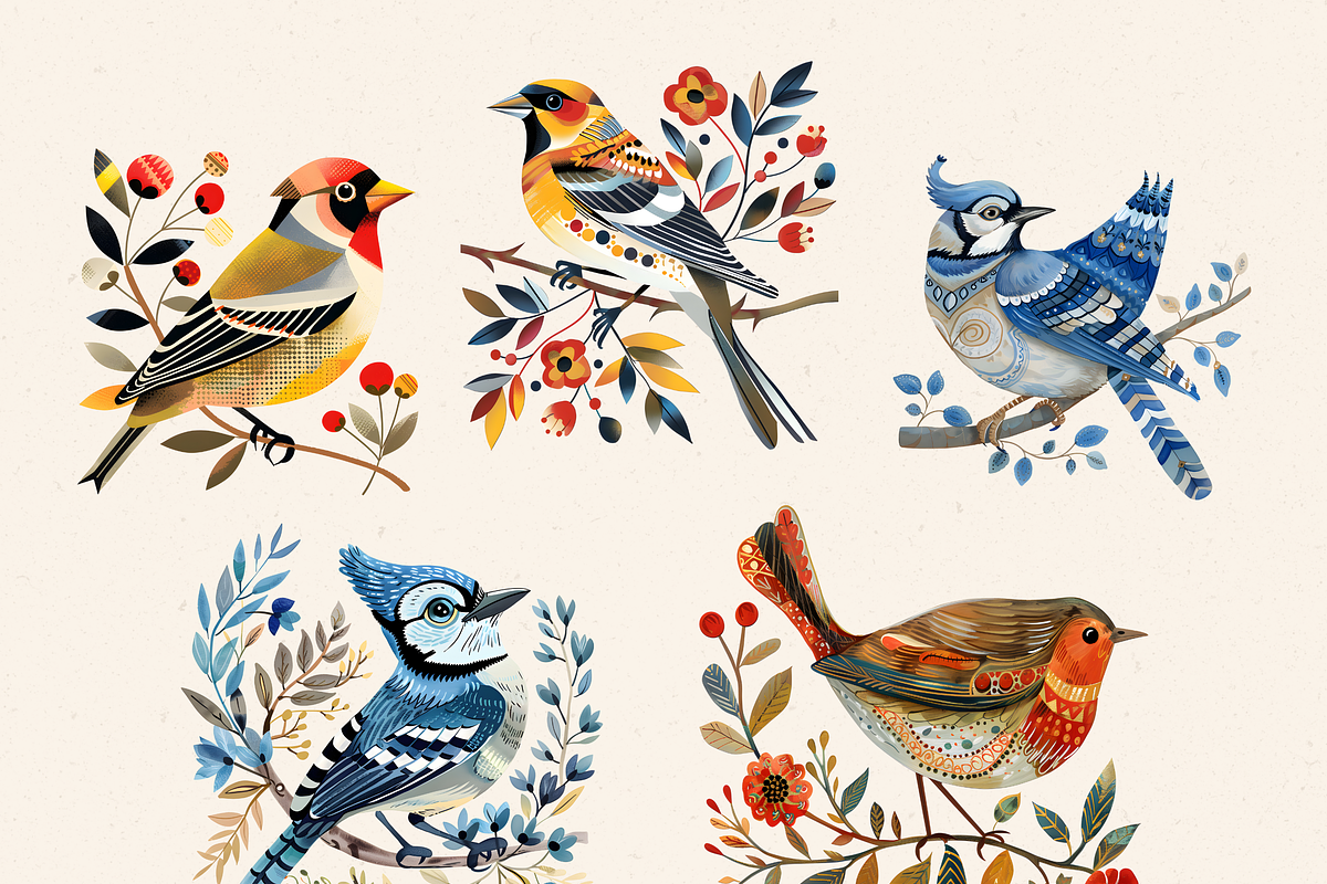 FOLK ART BIRDS CLIPART PACK, an Animal Illustration by Daring Digies (Photo 4 of 10)