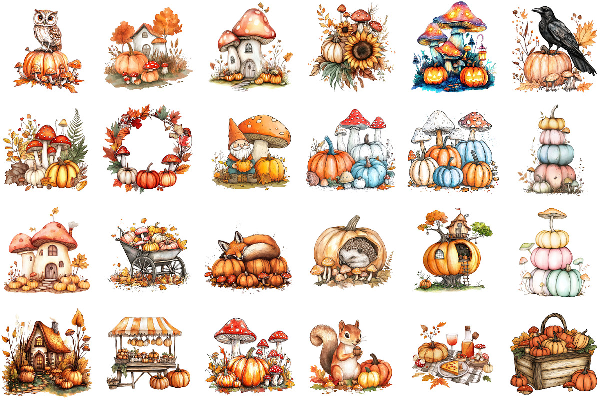 Watercolor Mushrooms and Pumpkins Au, an Illustration by Sublimation Artist (Photo 2 of 6)