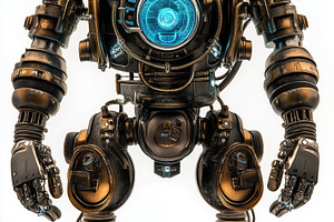 A futuristic robot with a metallic bronze finish, featuring a glowing blue core, an Industrial Photo by Textures & Backgrounds