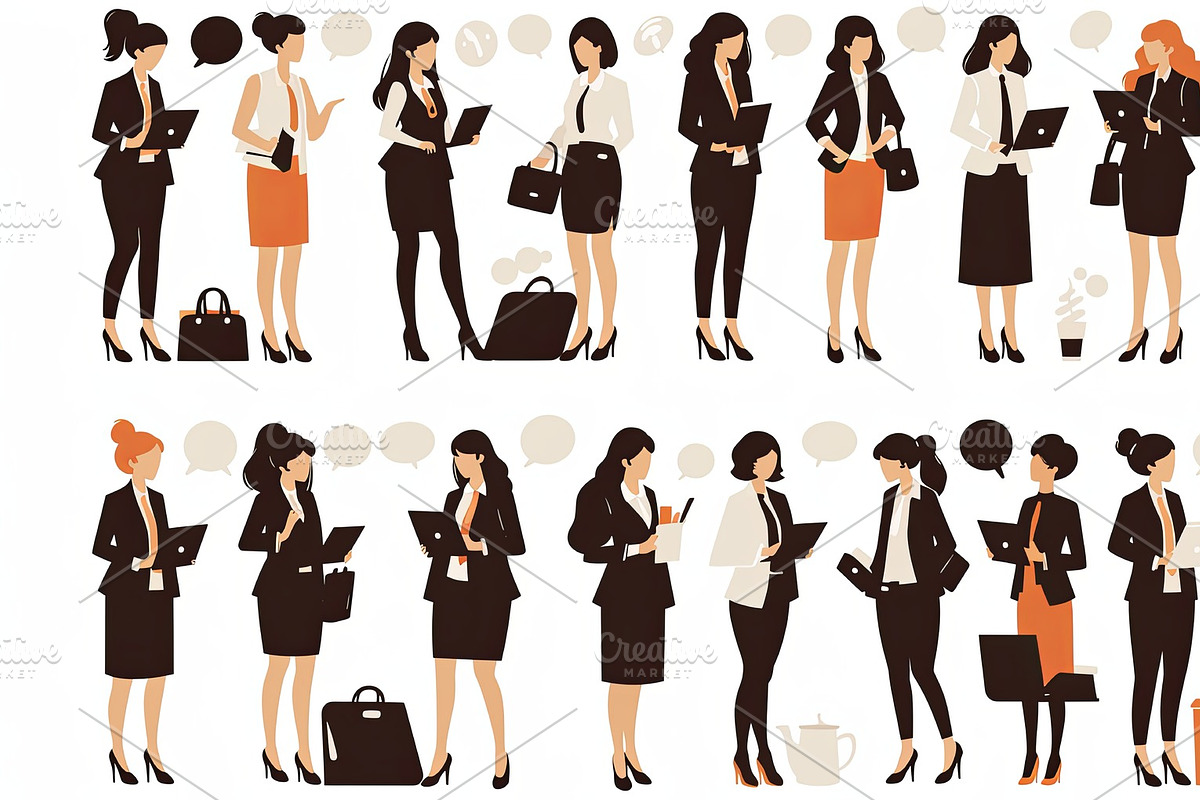 Collection of businesswoman illustrations in various poses with laptops and dis, an Illustration by AS photostudio