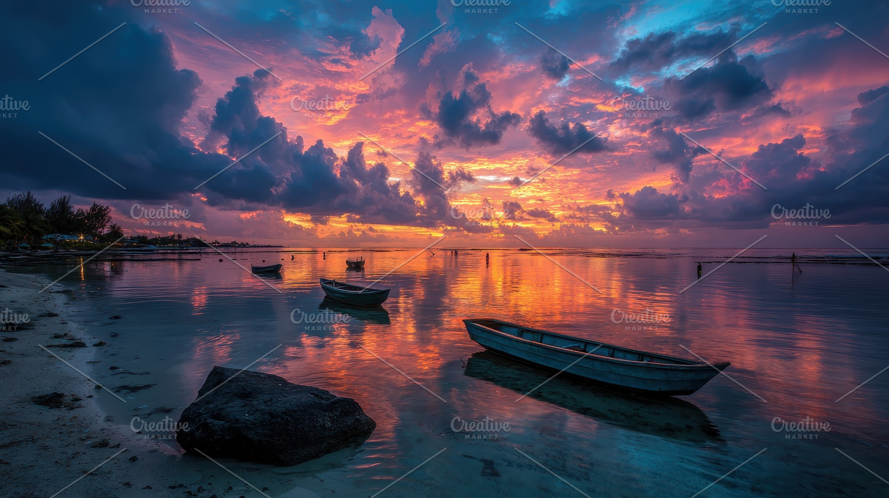 Tropical Sunset Boats Calm Waters Co, a Photo by Pixeness Studio