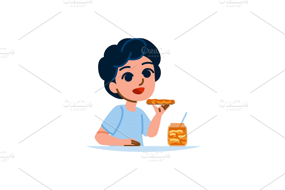 Boy enjoying slice of pizza and, a Food Illustration by pikepicture