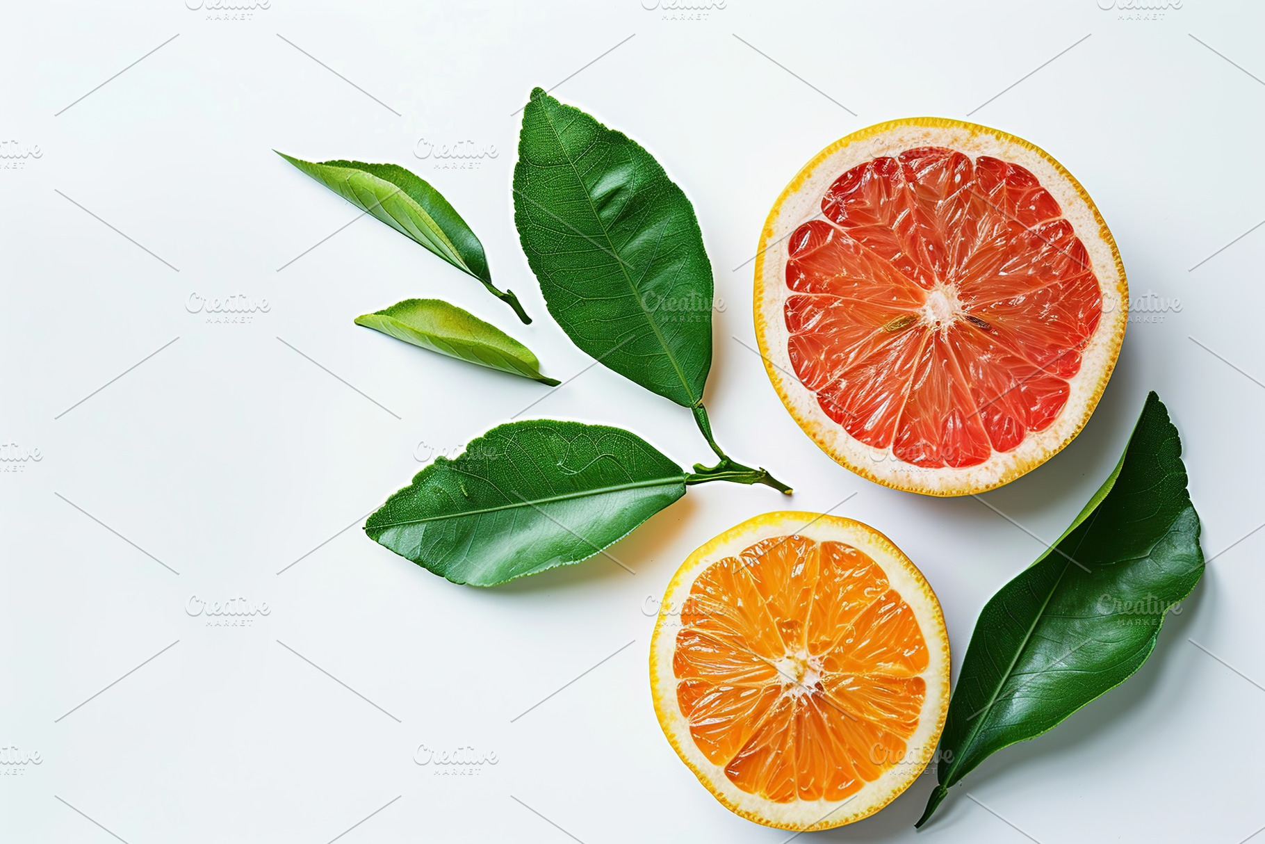 Fresh and tasty grapefruits with green leaves on white background, a Food & Drink Photo by AlyaAnd