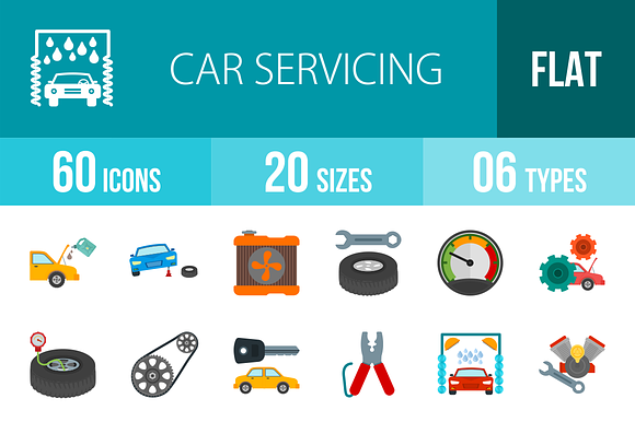 60 Car Servicing Flat Colorful Icons