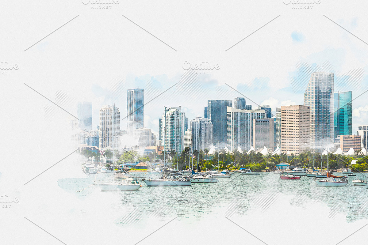 Watercolor sketch of Miami skyline, an Object Illustration by Maria Kray