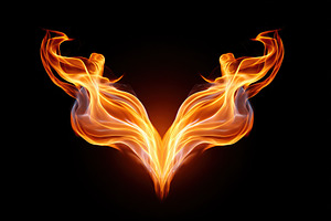 Vibrant flames intertwine to create an abstract heart shape on a dark backgroun, an Arts & Entertainment Photo by AlyaAnd