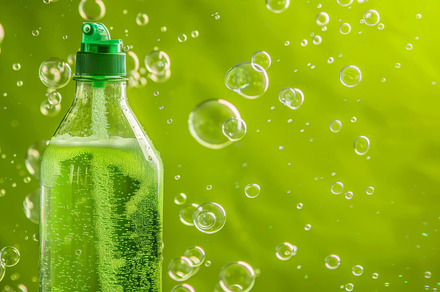 Spray bottle with green liquid and foam on green background, a Photo by Dvoevnore photos