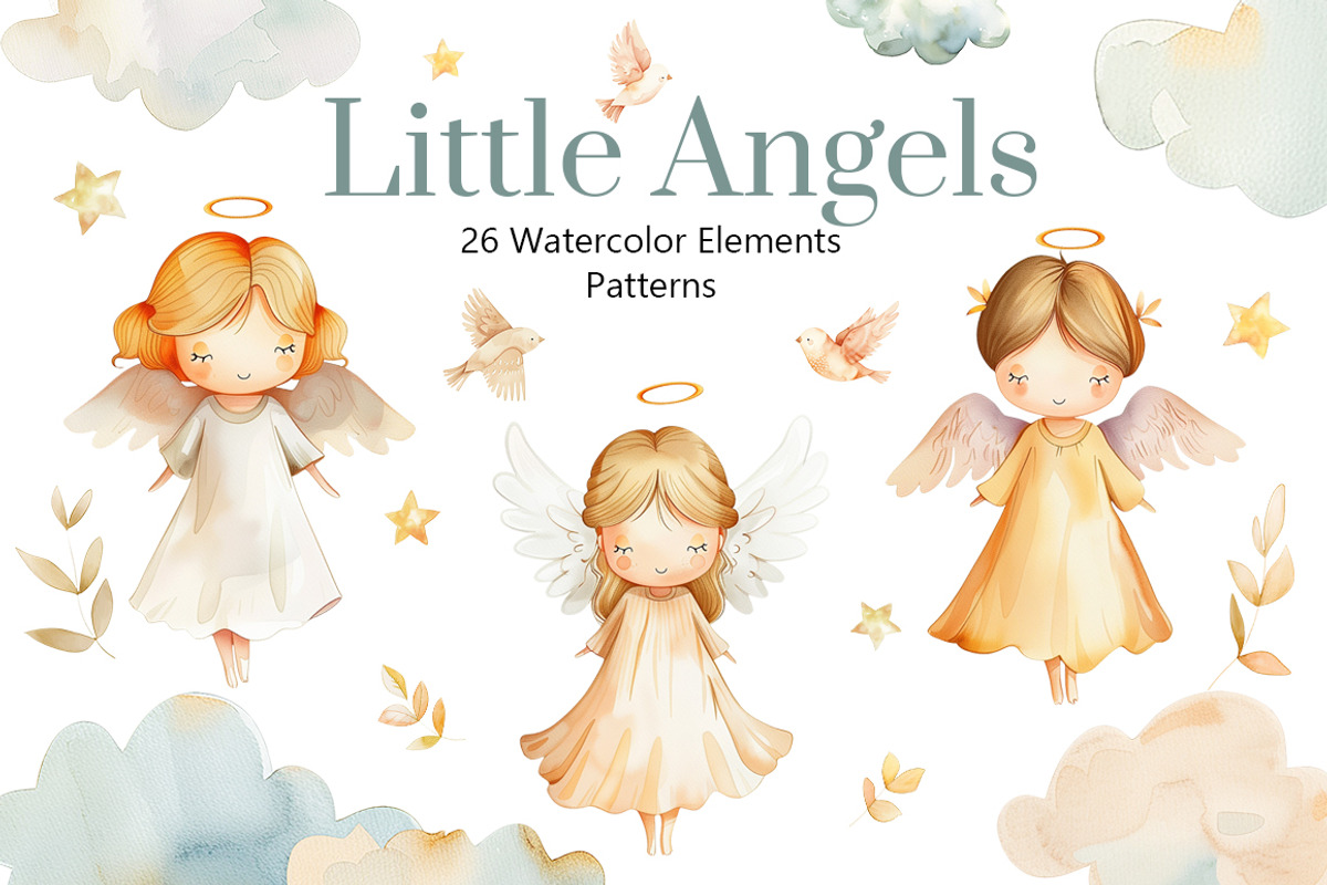 Watercolor Angels girls set, an Object Illustration by AlineArtStore (Photo 1 of 8)