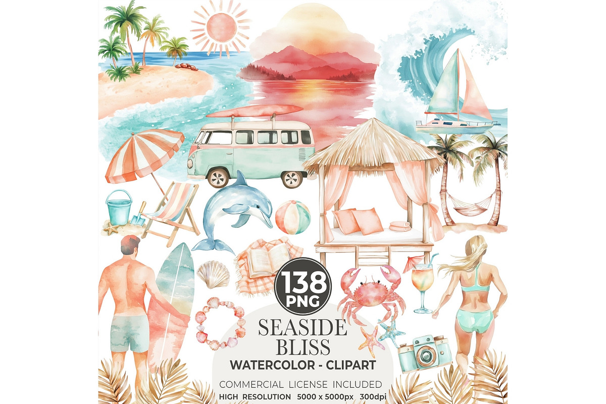 Watercolor Beach Day Clipart, an Illustration by CharmClipart (Photo 1 of 9)