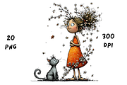 Whimsical Floral Girl & Kitten, an Animal Illustration by GiraffeCreative (Thumbnail 2 of 20)